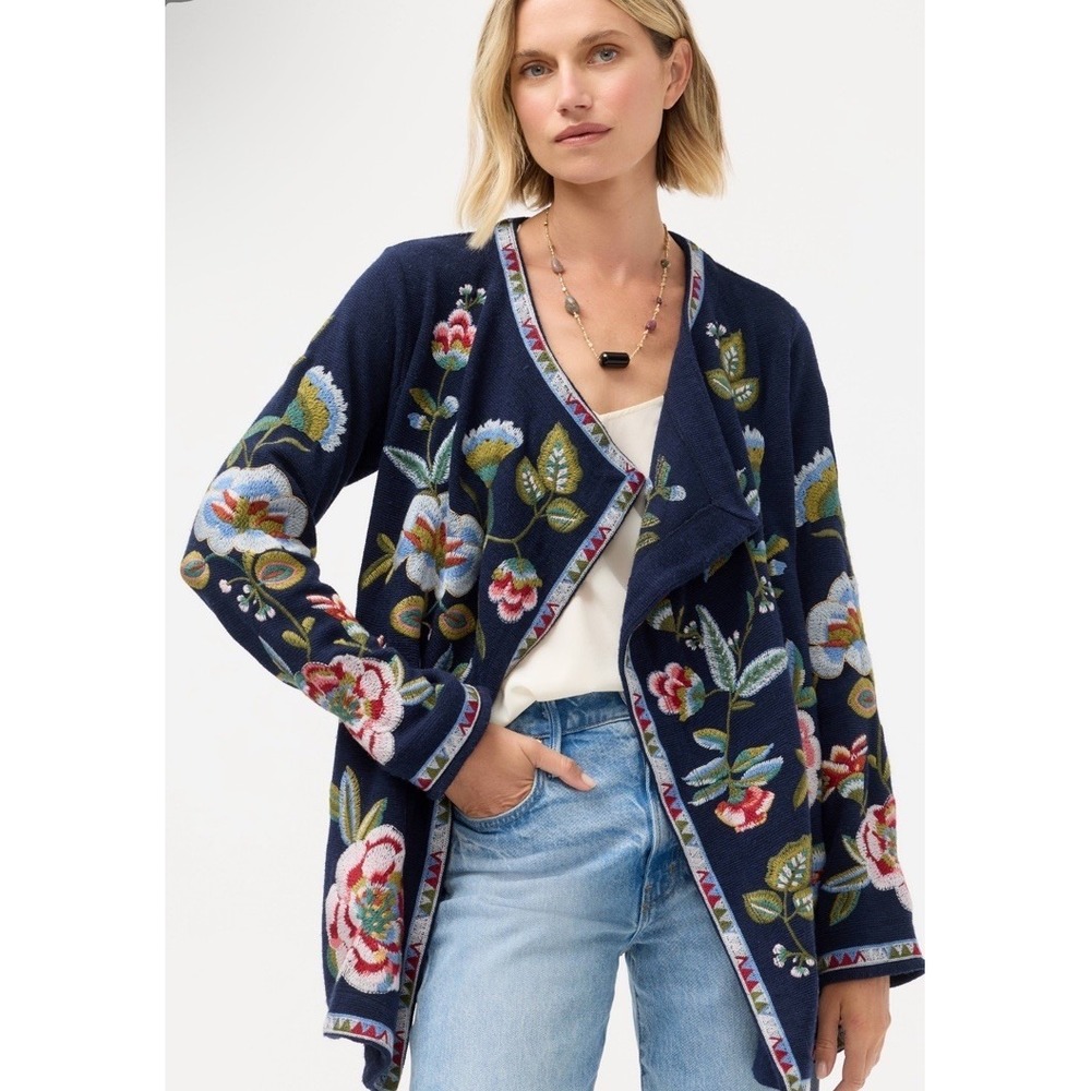 Johnny Was Biya Draped Sweater Small Blue Multicolor Floral Embroidered PRISTINE